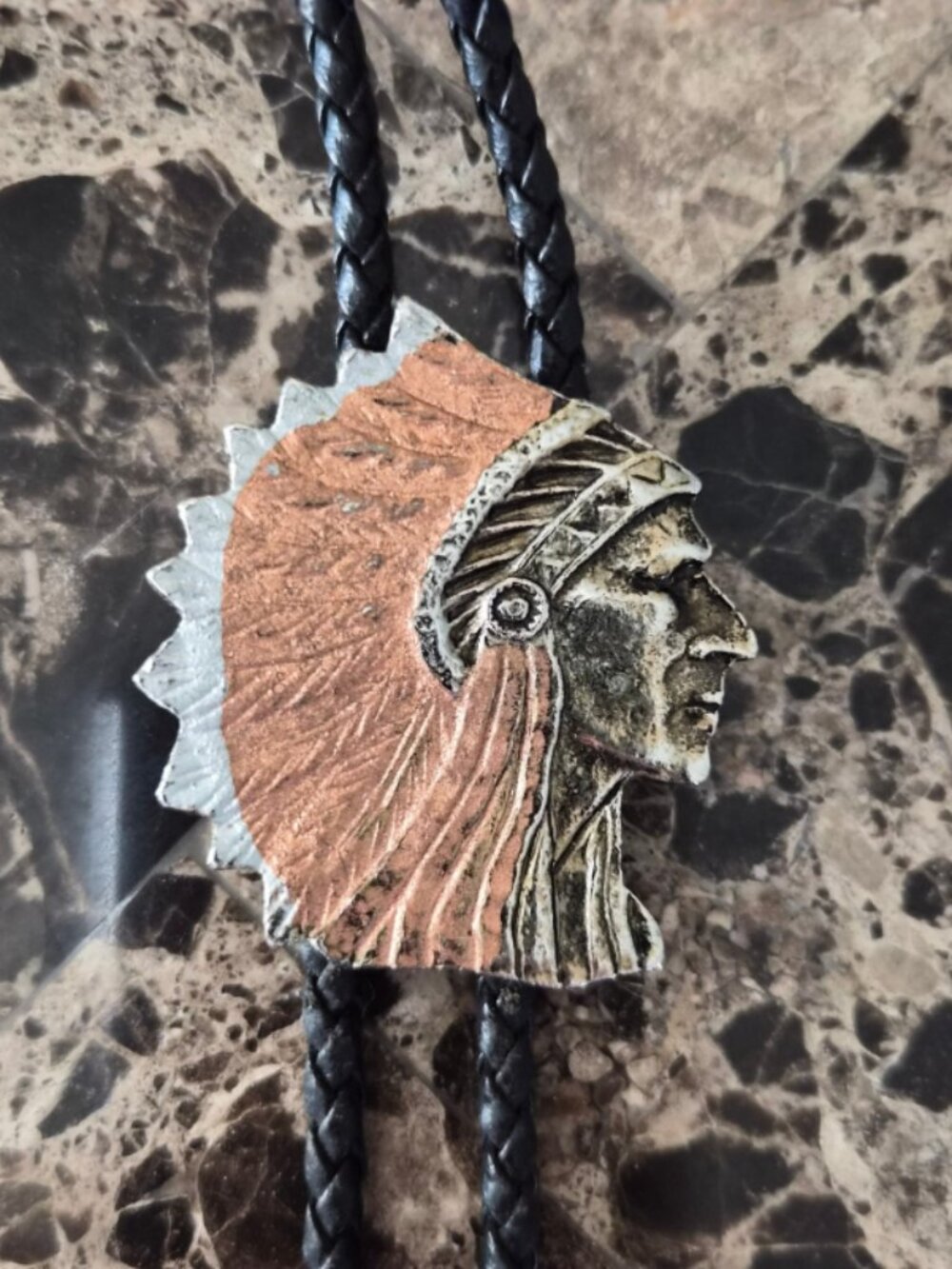 Beautiful Native American Indian Chief Leather Bolo Tie